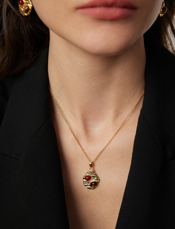"Stay together"Red agate embellished necklace. French heavy industry necklace.